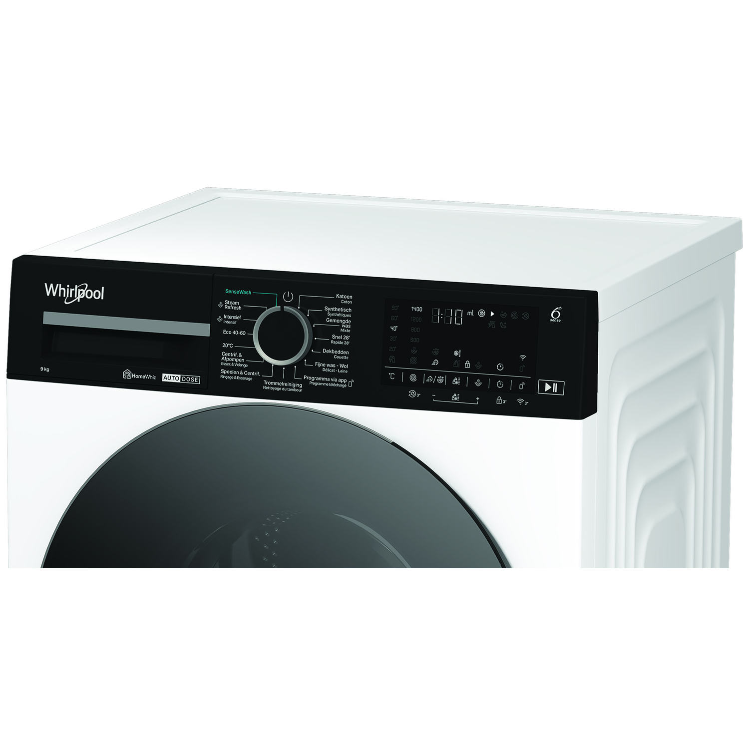 A white Whirlpool washing machine. It has a black control panel with buttons and a digital display, and a dark door.