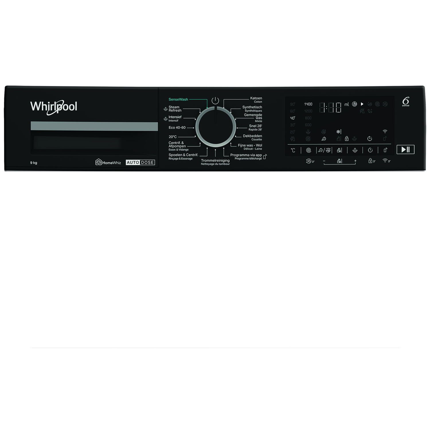 Black Whirlpool washing machine control panel with program options and digital display. Buttons for settings and start.