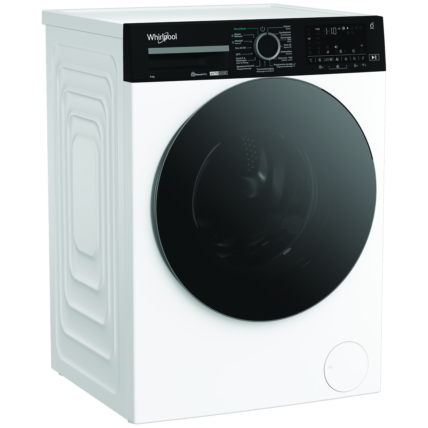A white Whirlpool washing machine. It has a black door and control panel with program options. The drum is visible.