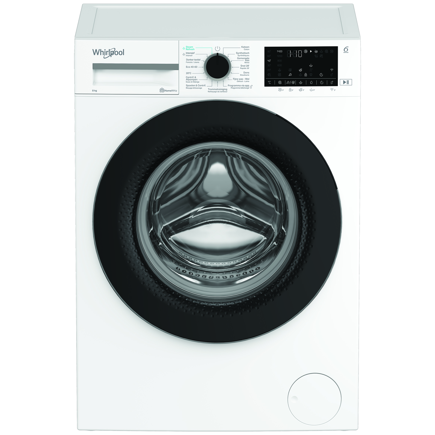 Een witte Whirlpool wasmachine. Het heeft een zwarte deur, knoppen en een digitaal display. De draaiknop is zwart.