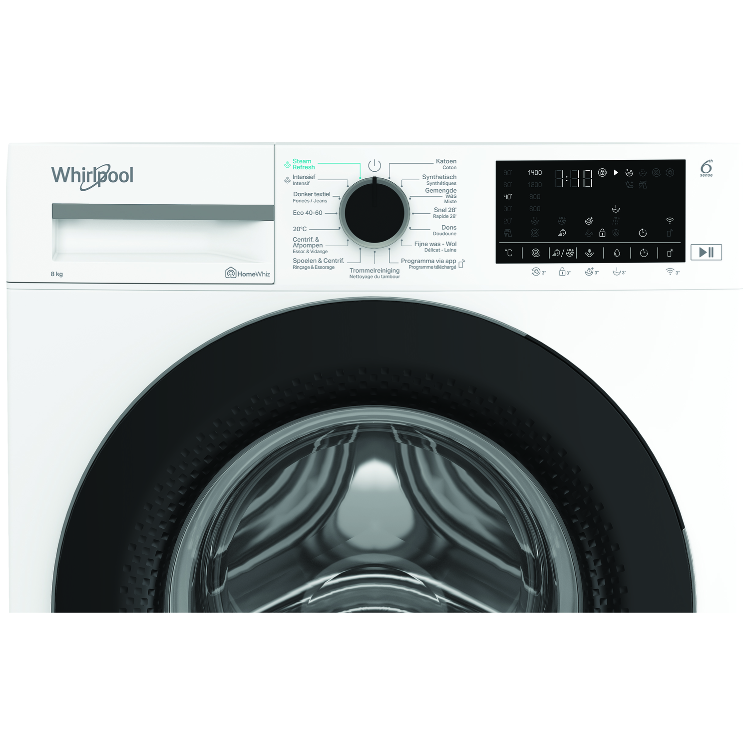 Een witte Whirlpool wasmachine. Het heeft een zwarte draaiknop en een digitaal display met instellingen.
