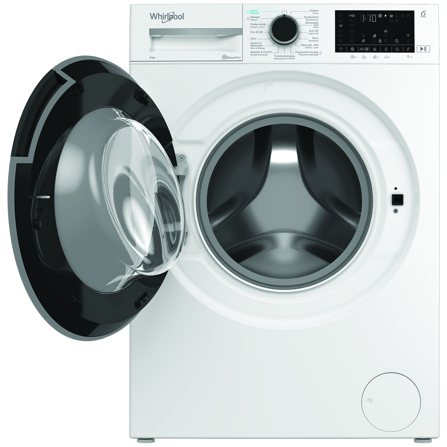Een witte Whirlpool wasmachine met een open deur. De deur is zwart en transparant. Knoppen en een display zijn zichtbaar.