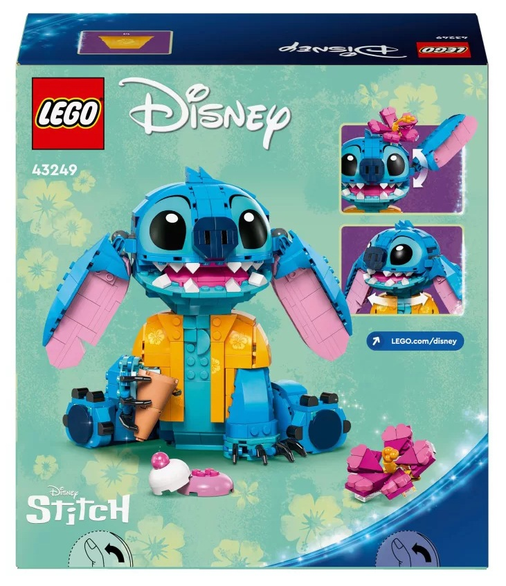 Pudełko zestawu Lego Disney Stitch. Figurka Stitcha wykonana z niebieskich, różowych i pomarańczowych klocków. Zawiera małe lody i akcesorium kwiatowe.