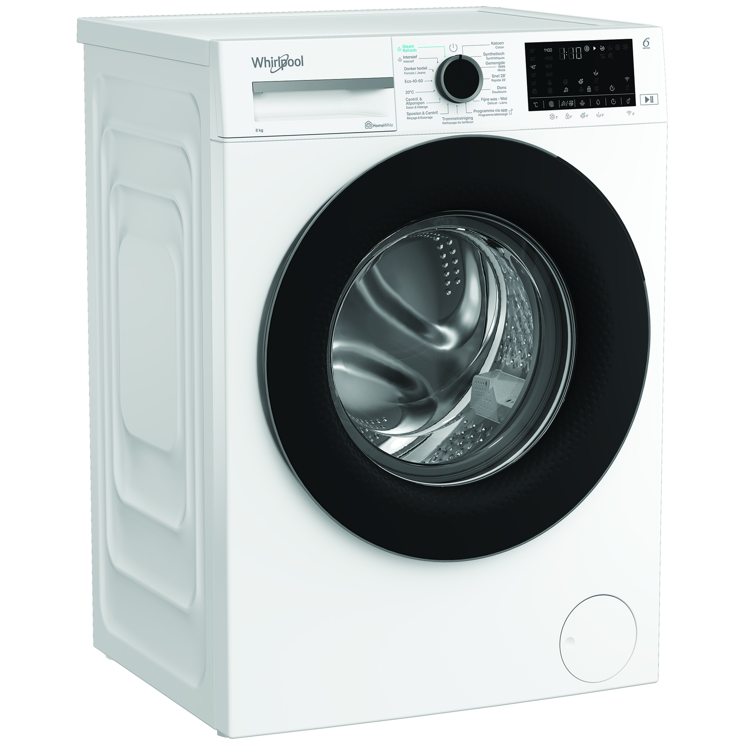 Een witte Whirlpool wasmachine met een zwarte deur. Het heeft verschillende knoppen en een digitaal display.
