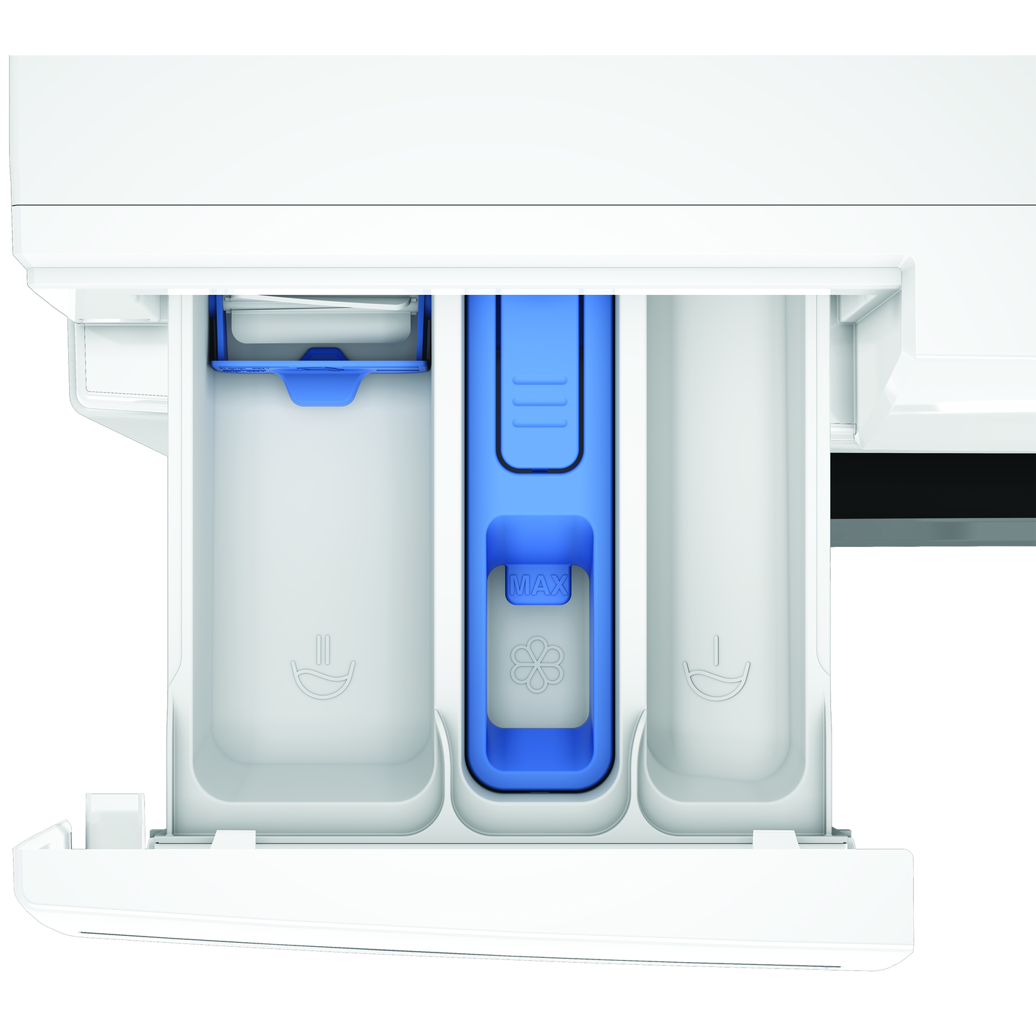 Close-up van de wasmiddellade van een wasmachine. Het heeft drie compartimenten: één voor voorwas, wasmiddel en wasverzachter. Blauw en wit.