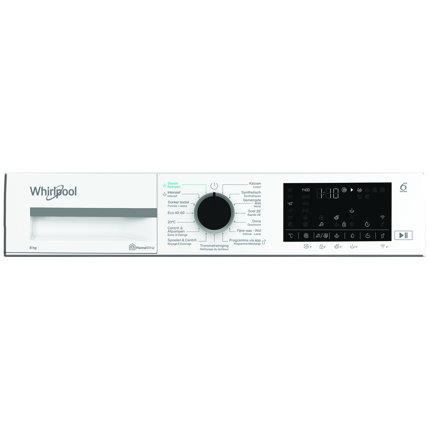 Wit bedieningspaneel van de Whirlpool wasmachine. Voorzien van draaiknop, digitaal display en diverse knoppen.
