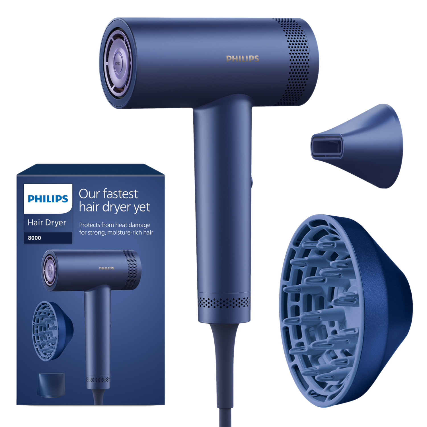 Een donkerblauwe Philips föhn met opzetstukken en doos. Tekst luidt: 'Onze snelste haardroger ooit' en 'Beschermt tegen hitteschade'.