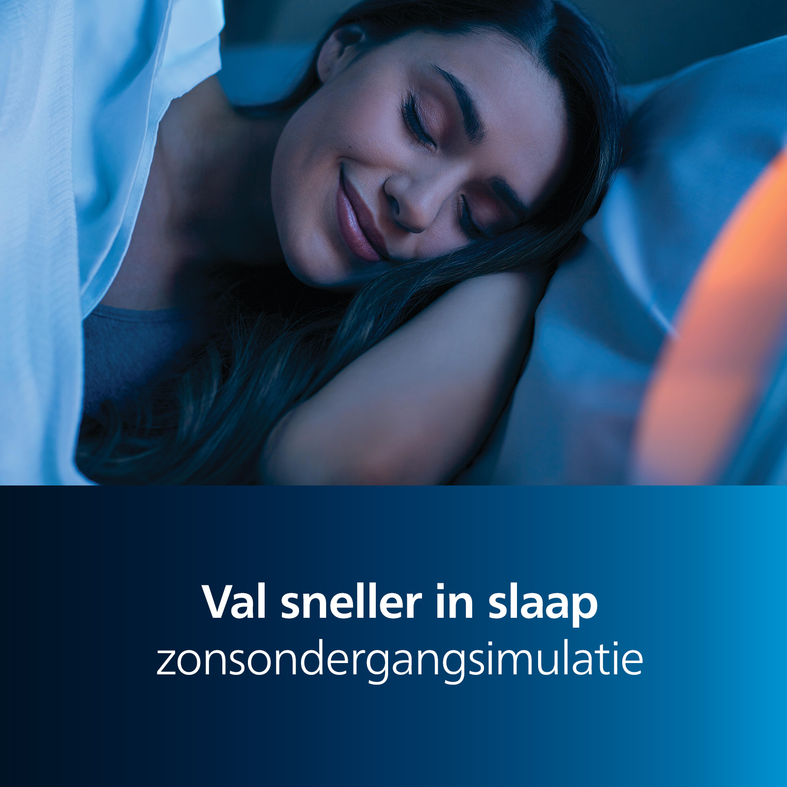 A woman sleeps, smiling, under a white sheet. The background is blue with text: 'Fall asleep faster, sunset simulation'.