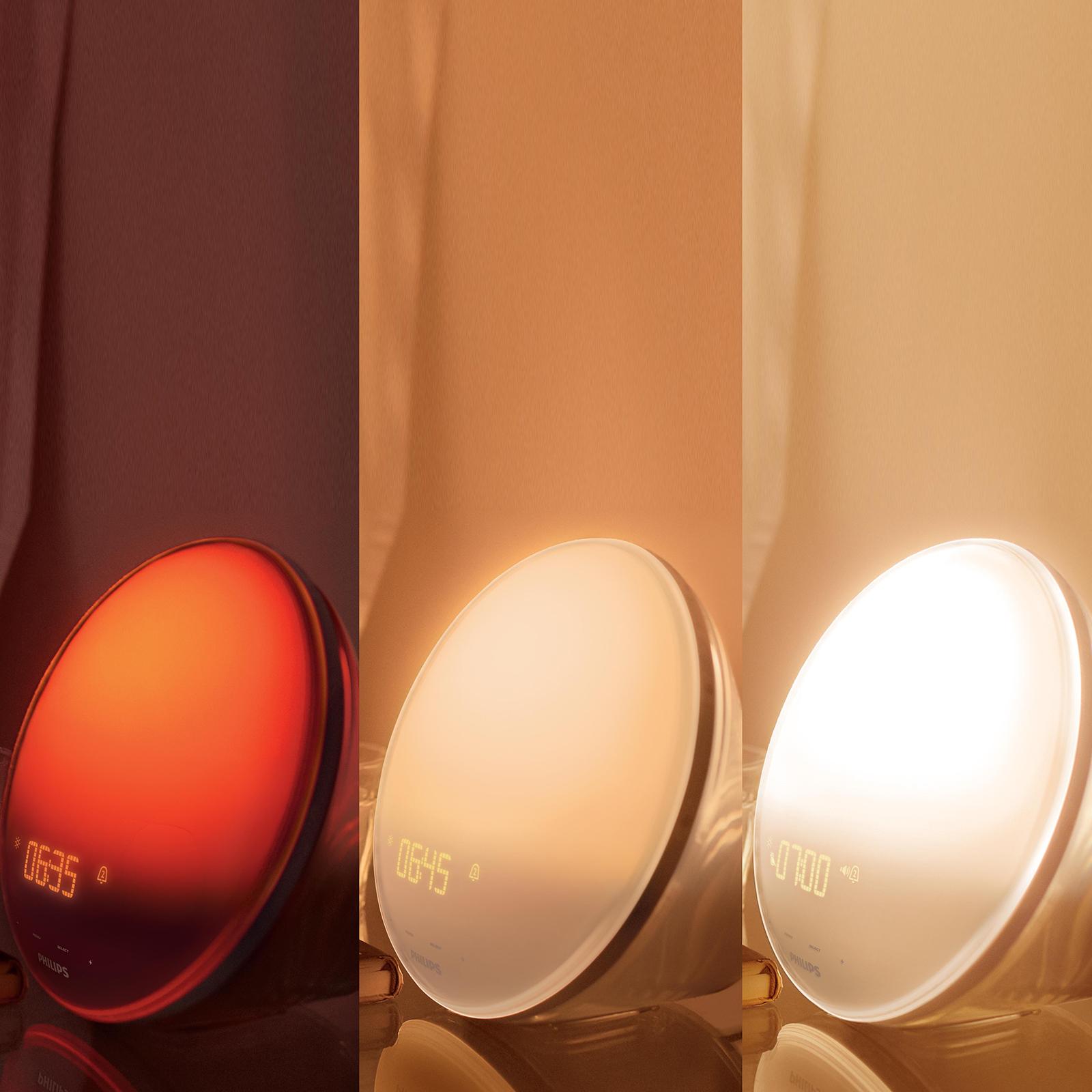 Three Philips Wake-up lights. Each shows a different time and light color. Background is a gradient, red to white.