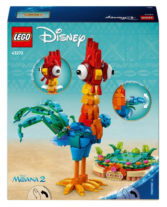 Zestaw Lego Disney Moana 2. Hei Hei kogut z niebiesko-zielonymi skrzydłami. Na pudełku staw i logo Lego.