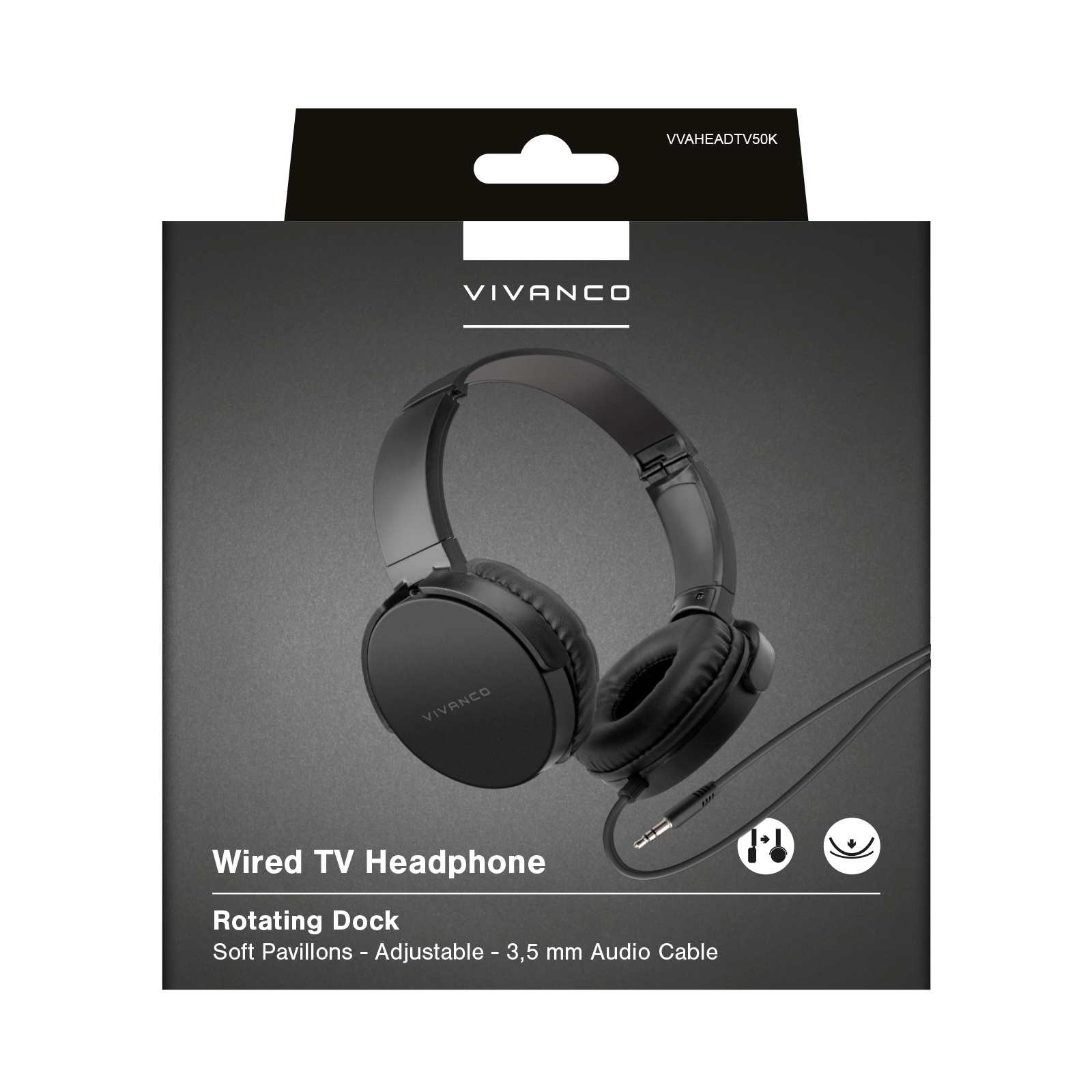 Schwarzer Vivanco kabelgebundener TV-Kopfhörer auf dunklem grauem Untergrund. Text enthält 'Wired TV Headphone'.