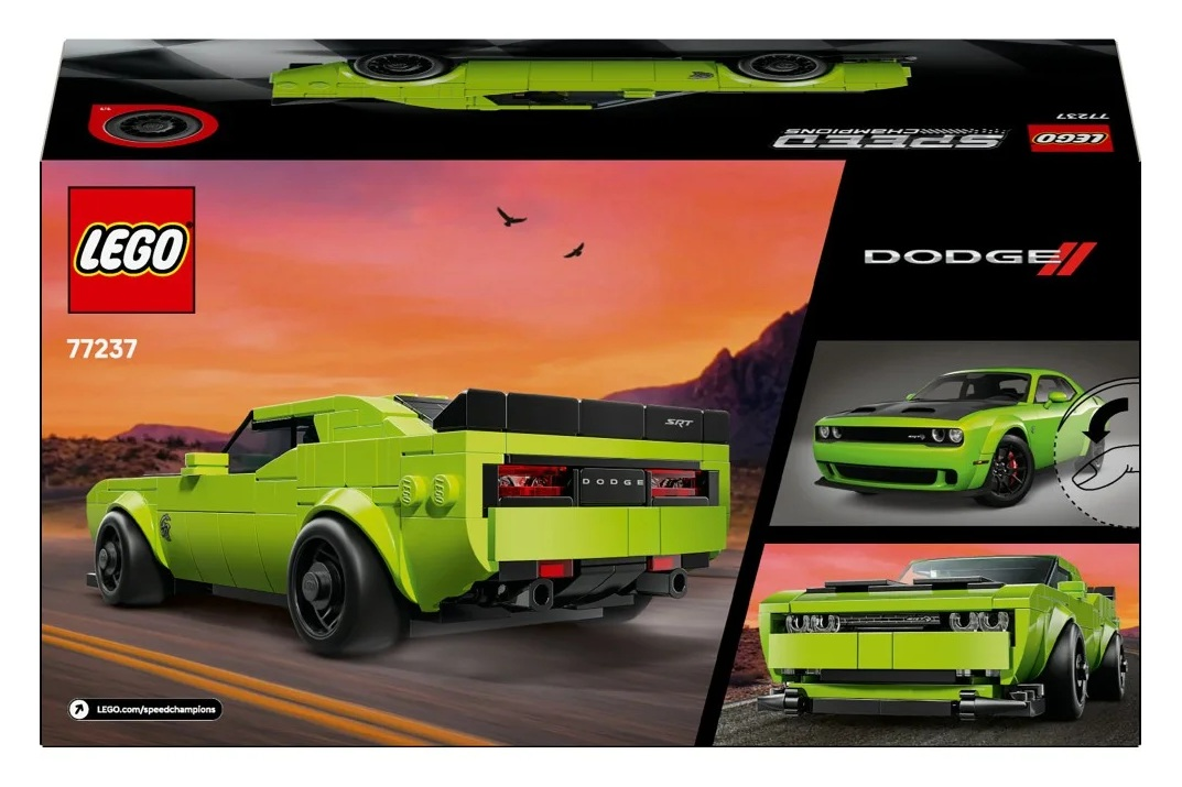 Pudełko Lego przedstawia zielony model samochodu Dodge. Pudełko ma logo Lego, logo Dodge i zdjęcia samochodów.