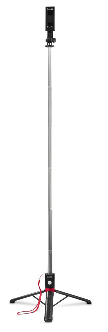 Ezüst selfie bot, fekete telefontartóval és fekete állványalappal. Egy piros pánt lóg az alapról.