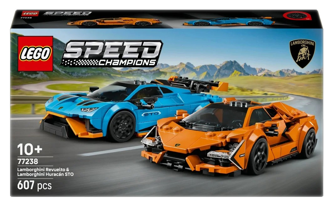 Pudełko Lego przedstawia dwa zabawki Lamborghini, jeden niebieski, jeden pomarańczowy, na krętej drodze z górami w tle.