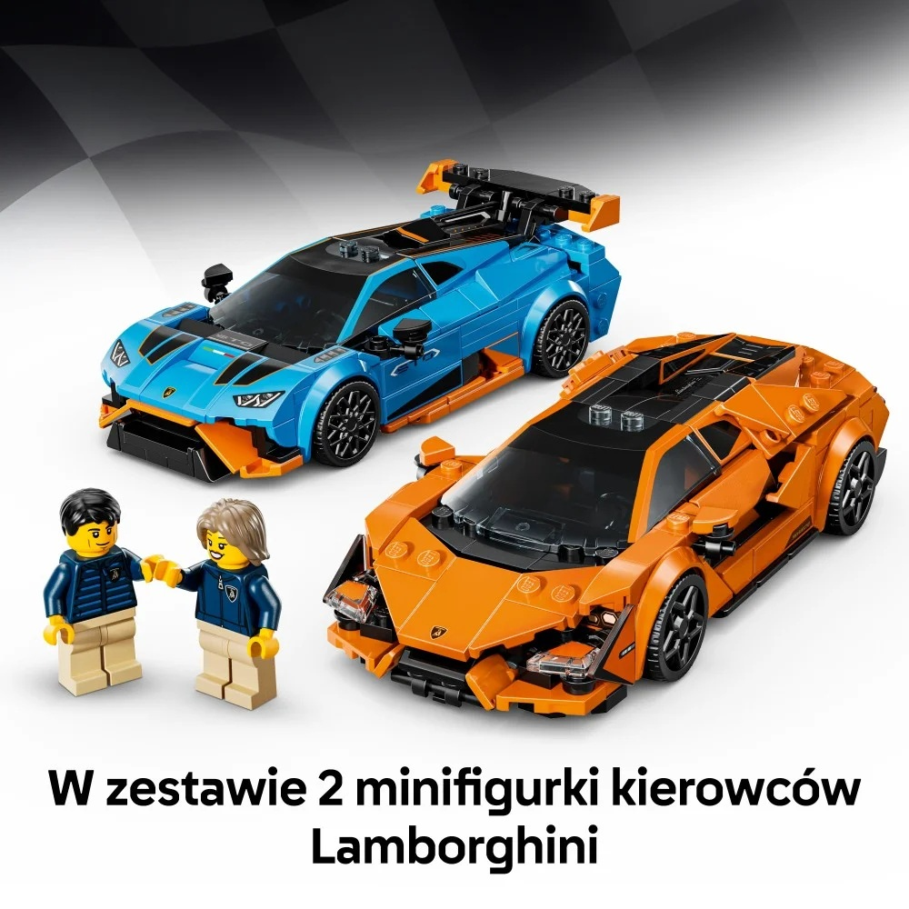 Dwa samochody Lego Lamborghini, niebieski i pomarańczowy, z dwoma kierowcami-minifigurkami. Tekst: 'Zawiera 2 minifigurki kierowców Lamborghini'.