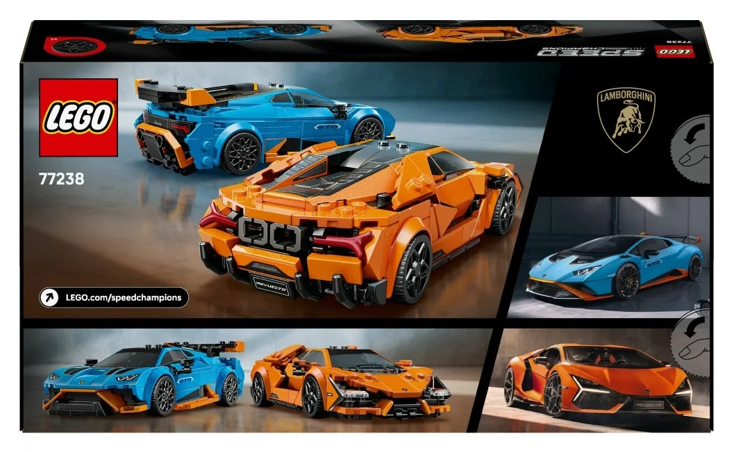 Zestaw Lego Speed Champions z pomarańczowymi i niebieskimi samochodami zabawkowymi Lamborghini. Pudełko pokazuje samochody z logo i numerem modelu.