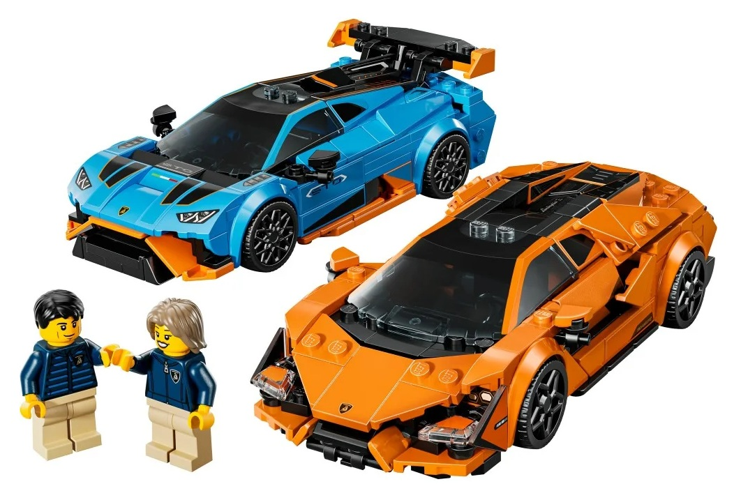 Dwa samochody Lamborghini Lego, niebieski i pomarańczowy, z dwiema figurkami Lego. Samochody mają czarne koła i spoilery.