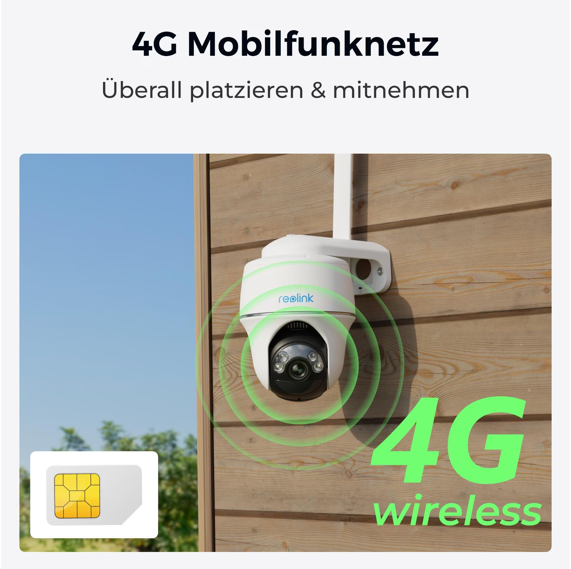Una telecamera di sicurezza bianca con obiettivo nero su muro di legno, testo 4G wireless e una SIM.