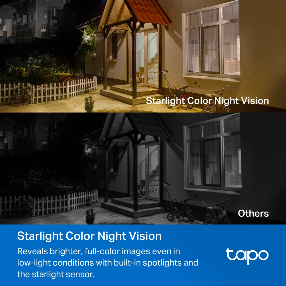 Casa di notte con portico, finestra e recinzione. La parte superiore mostra un'immagine a colori, quella inferiore in bianco e nero.