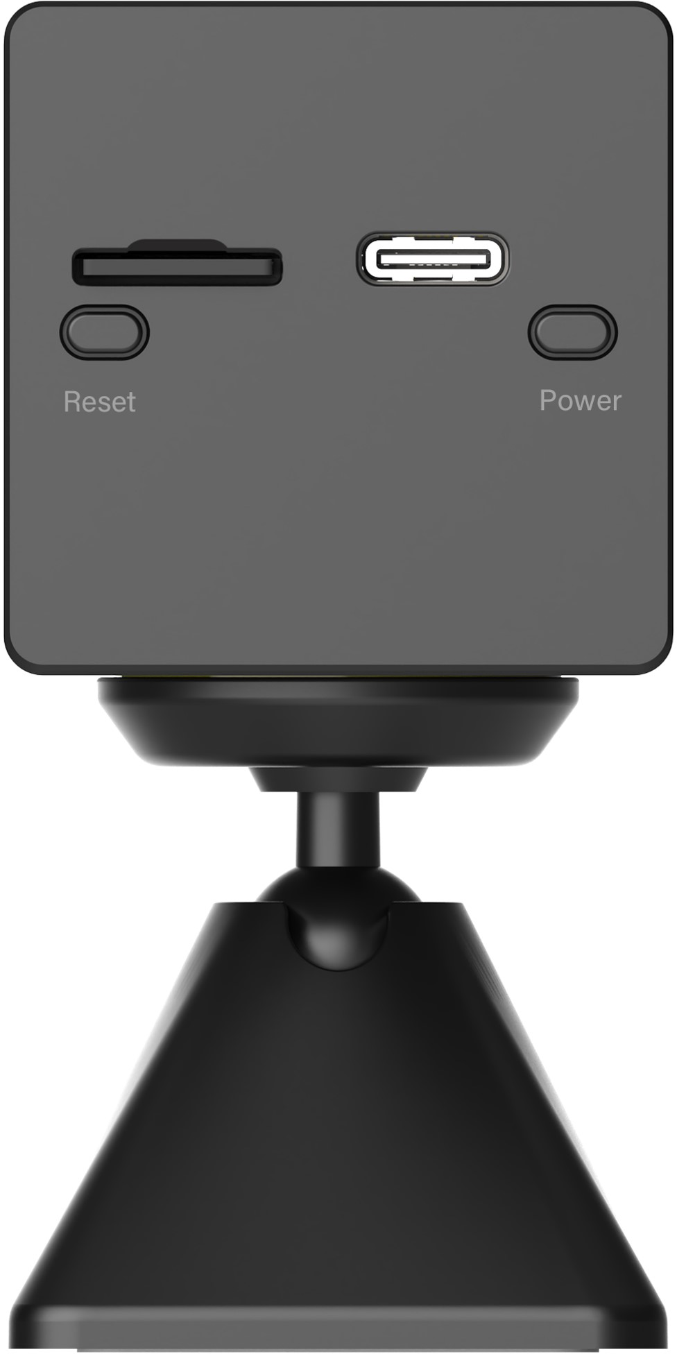 Un dispositivo nero con pulsante reset, porta USB-C e pulsante di accensione. Montato su un supporto nero.