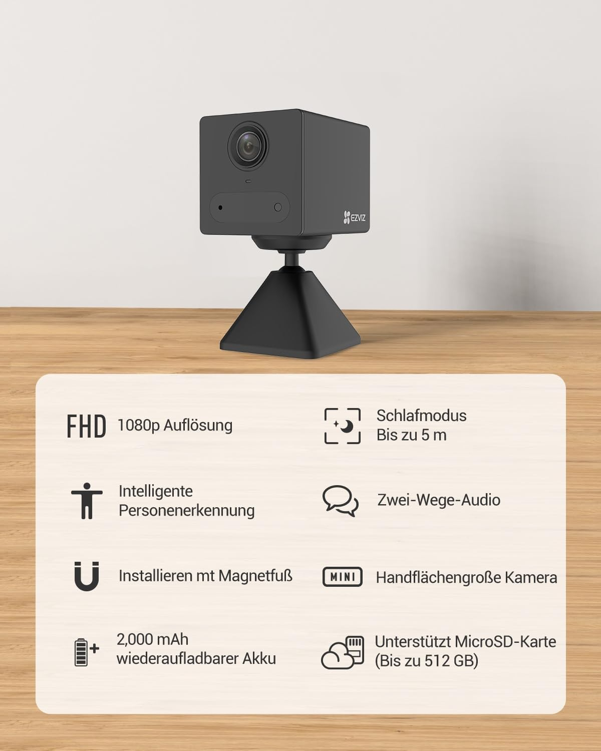 Una telecamera di sicurezza nera su un supporto. Le caratteristiche includono risoluzione 1080p, rilevamento persone, base magnetica, audio a 2 vie e supporto MicroSD.