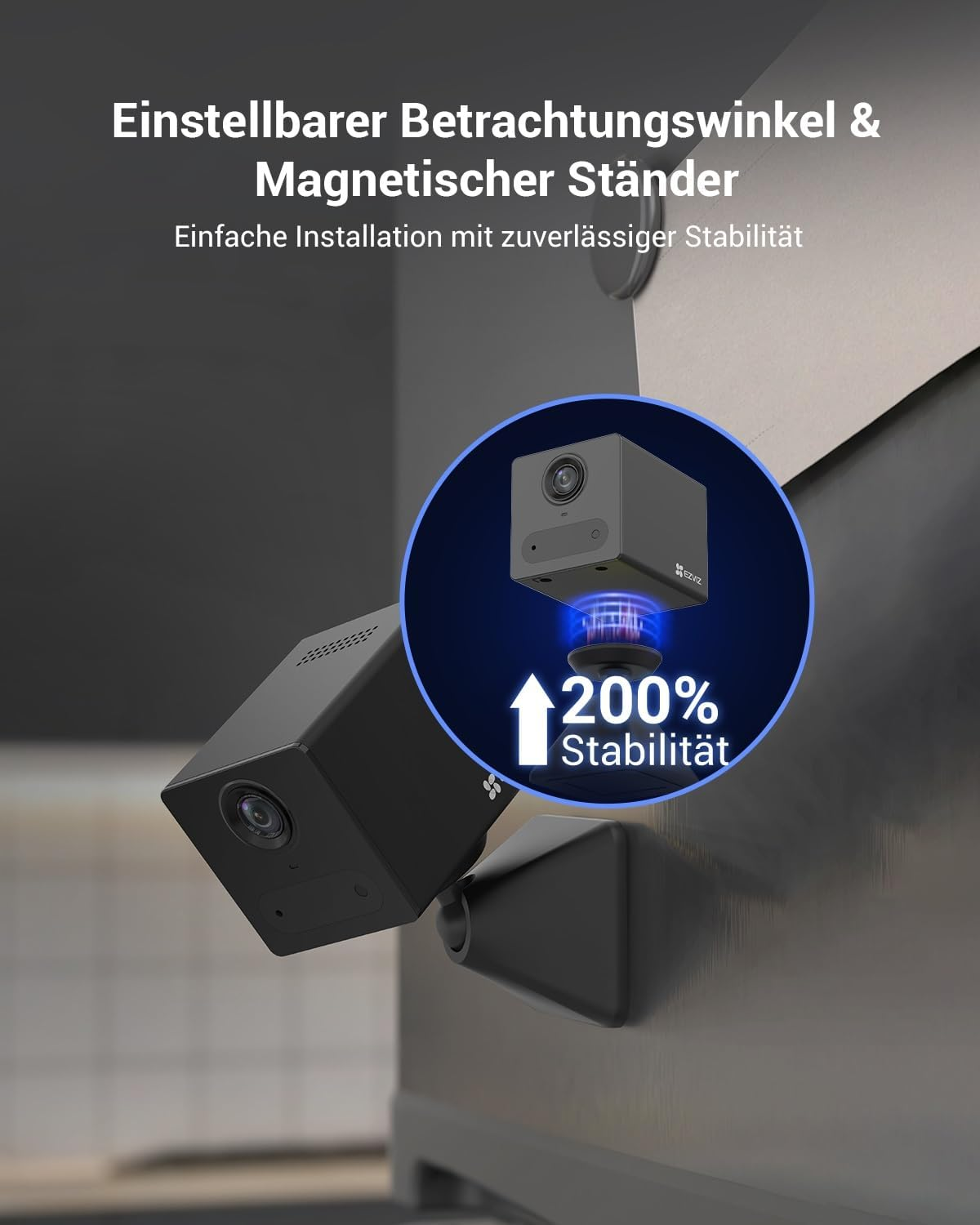Sono visualizzate due telecamere di sicurezza nere. Una è montata, l'altra è evidenziata in un cerchio blu con informazioni.