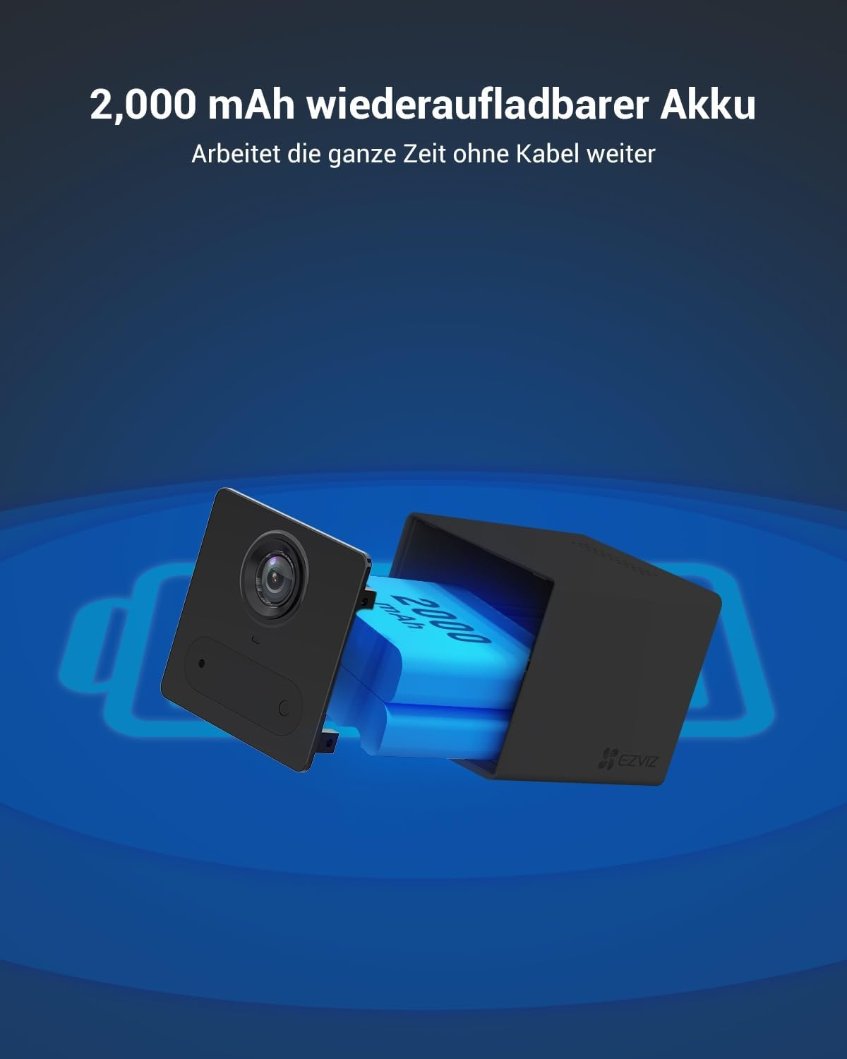 L'immagine mostra una fotocamera con una batteria blu. Il testo dice batteria ricaricabile da 2.000 mAh. Funziona senza cavi.