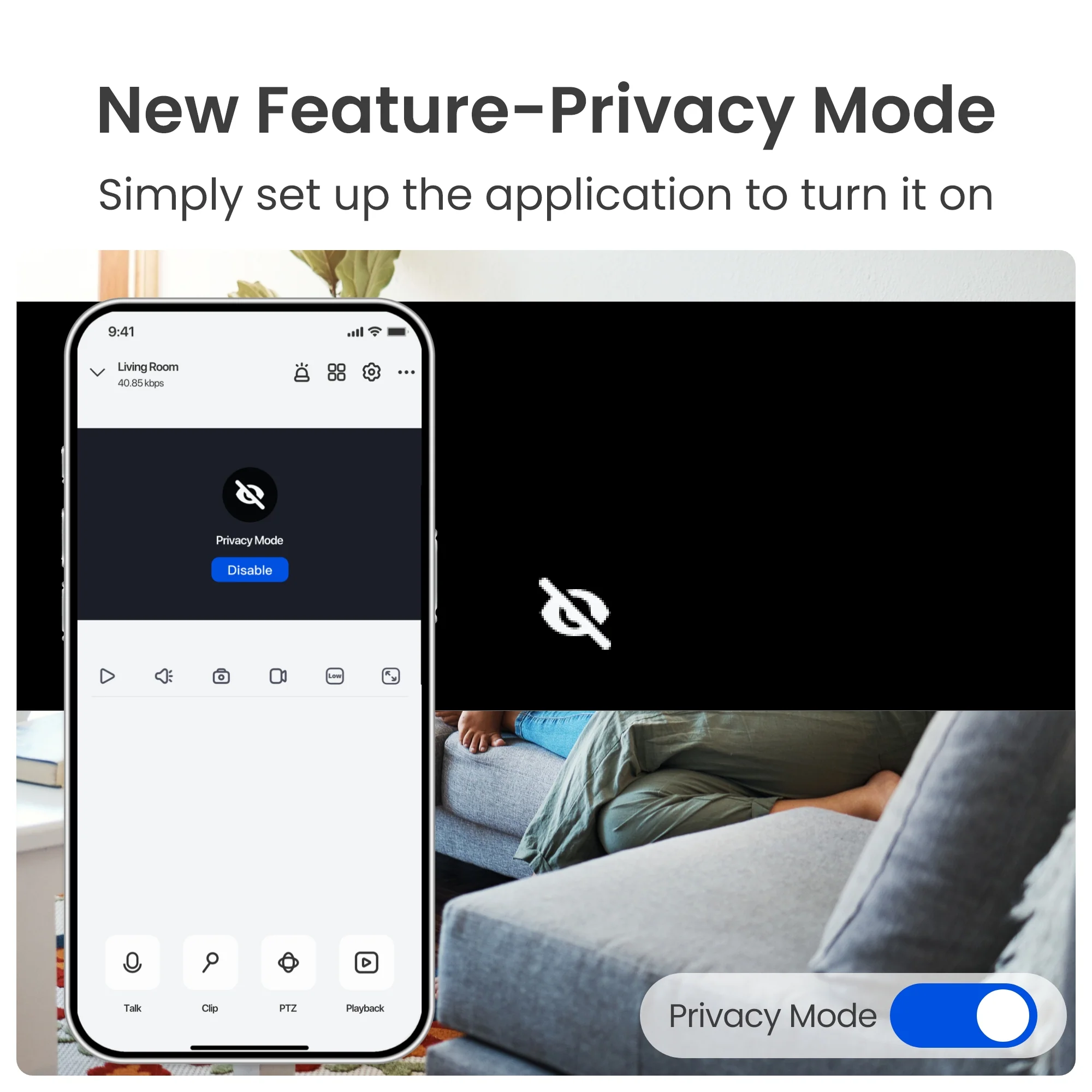 Handy-Bildschirm mit Datenschutzmodus. Couch und Person im Hintergrund. Text: Neue Funktion-Datenschutzmodus.