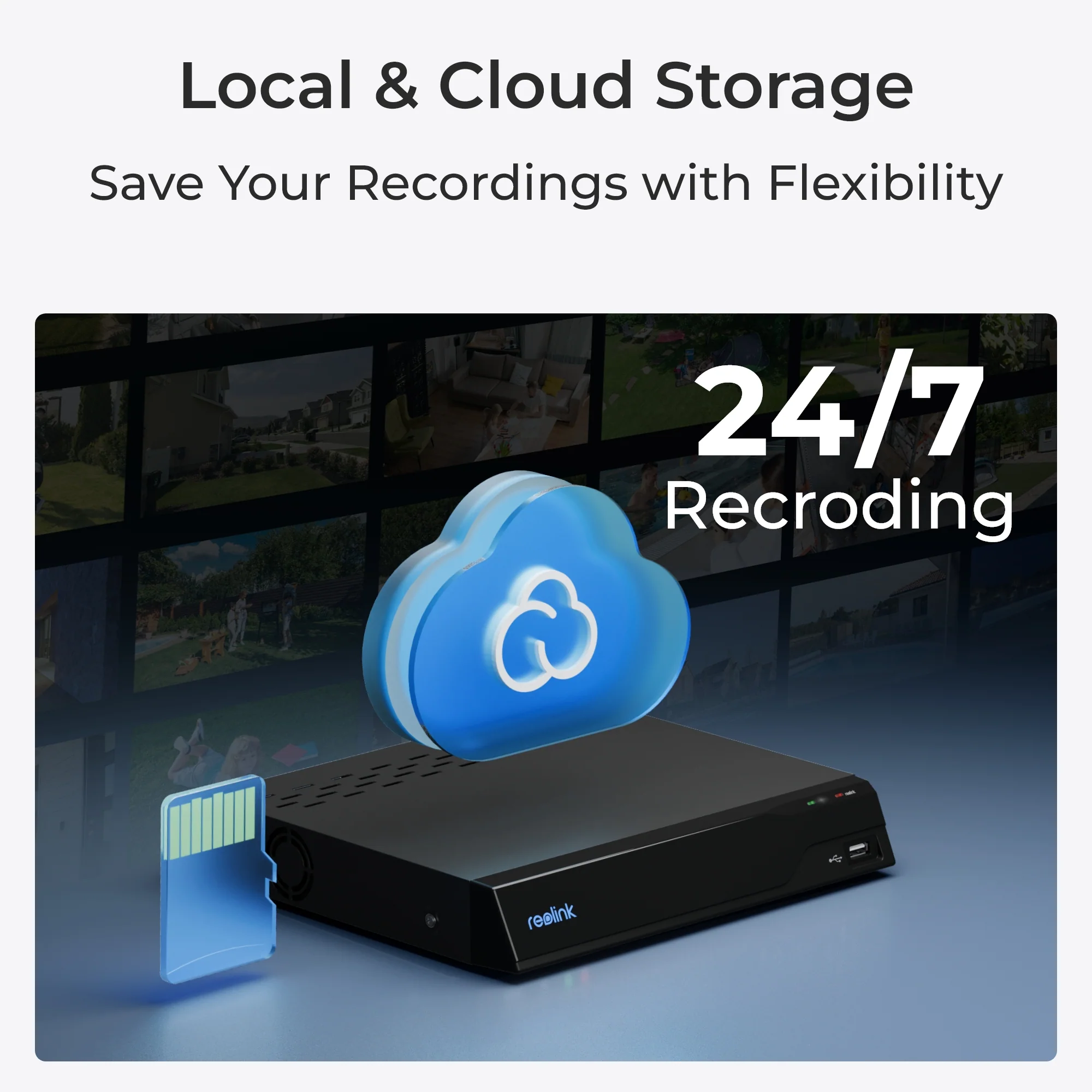Das Bild zeigt einen schwarzen DVR mit einem Cloud-Symbol, einer SD-Karte und Text zur 24/7-Aufzeichnung mit Vorschaubildern im Hintergrund.