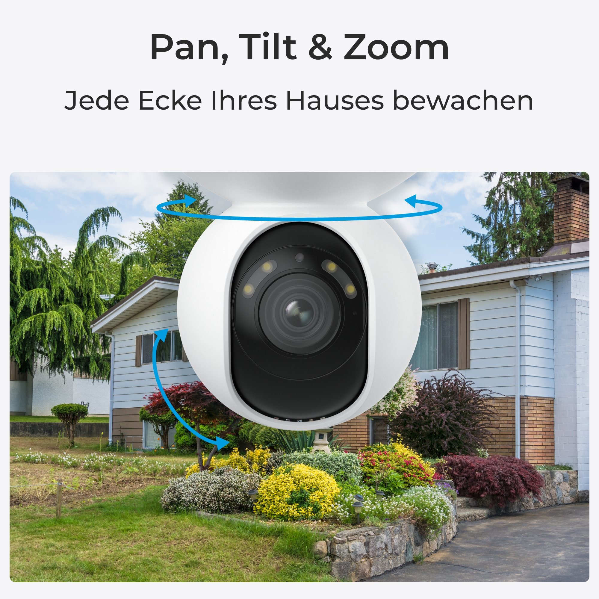 Eine Überwachungskamera zeigt auf ein Haus mit Garten. Die Kamera ist weiß mit schwarzem Objektiv.
