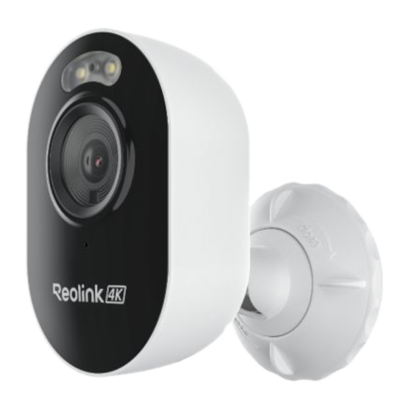 Una telecamera di sicurezza Reolink 4K bianca e nera. Ha un obiettivo, luci e una staffa di montaggio.