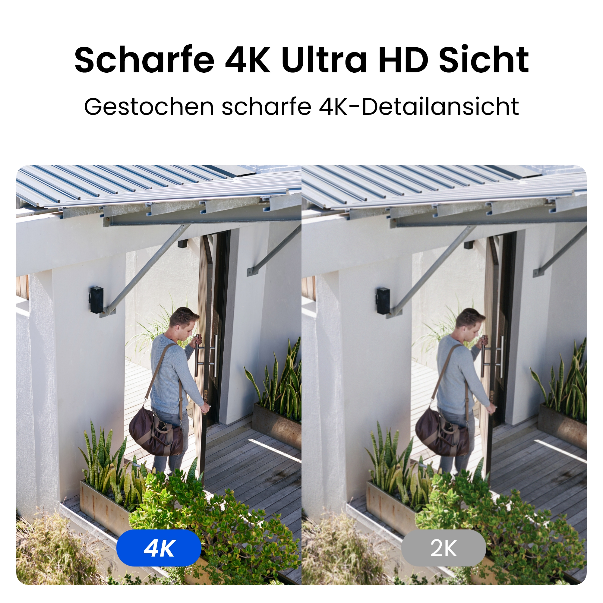 Un uomo apre una porta. L'immagine mostra un confronto tra la risoluzione 4K e 2K.