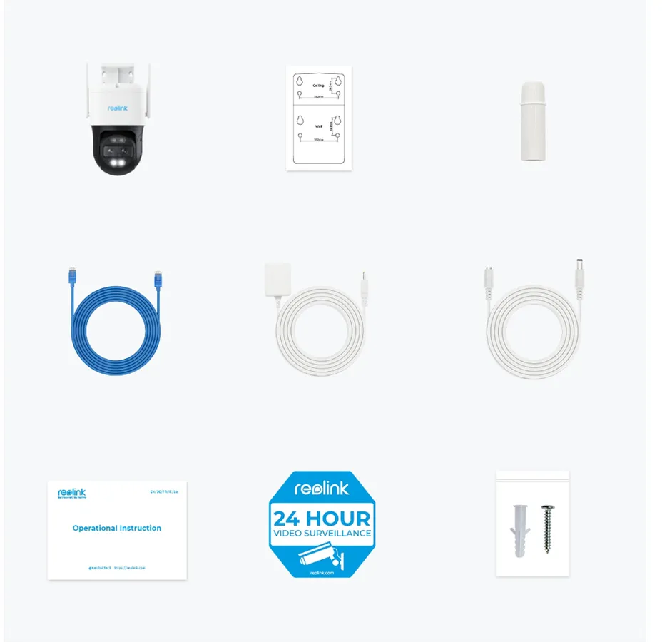 Das Bild zeigt Komponenten der Überwachungskamera: Kamera, Kabel, Anweisungen, Netzteil, Schrauben und Montageanleitung, alles auf weißem Grund.