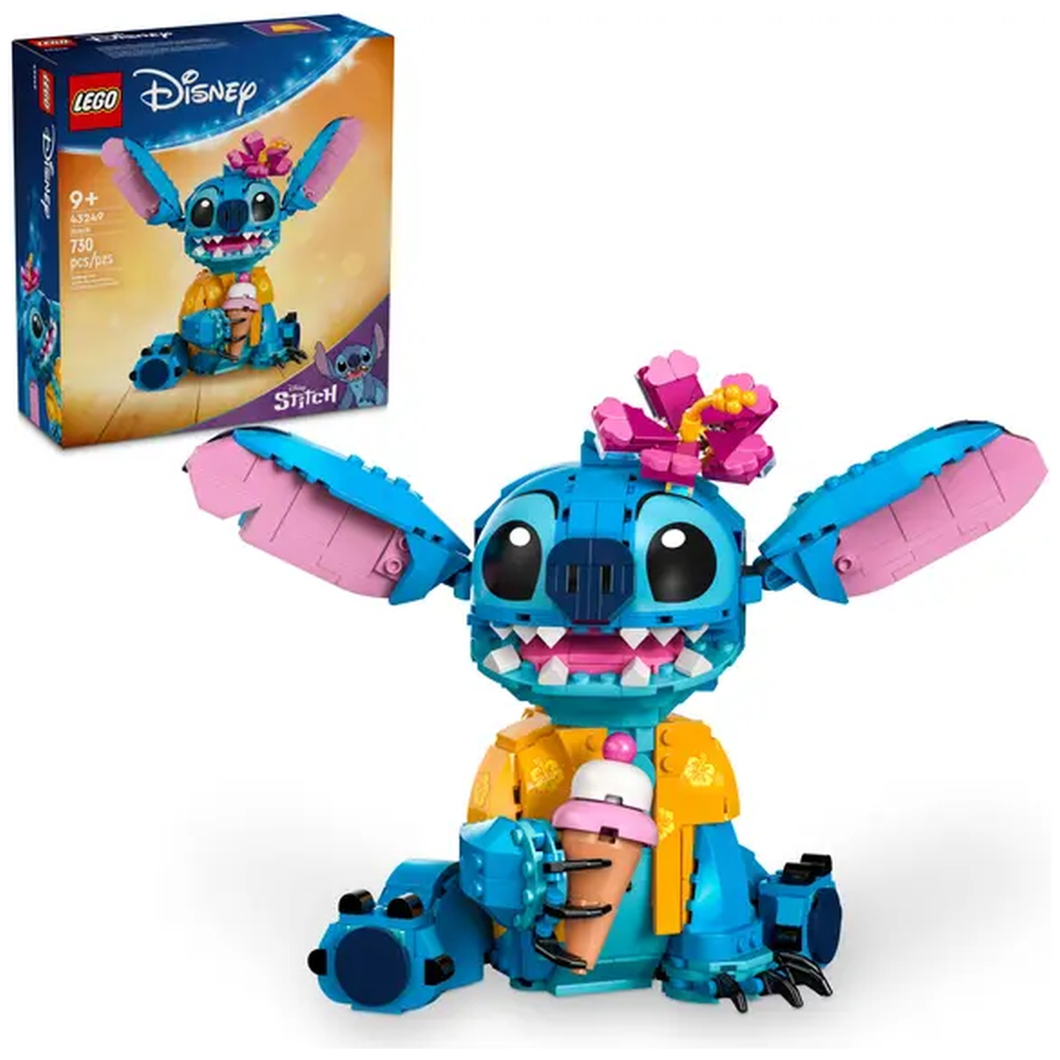 Een Lego Disney Stitch-figuur met een ijsje, met een doos van dezelfde figuur op de achtergrond.
