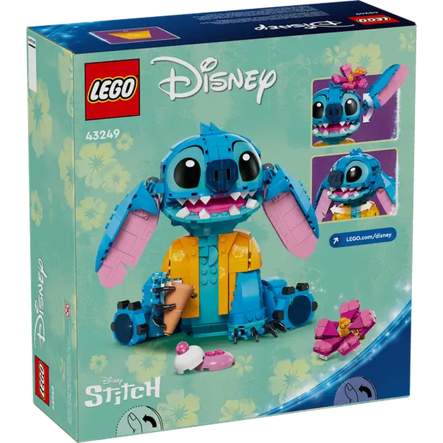 LEGO Disney Stitch doos. Toont Stitch-figuur van LEGO-stenen, met blauwe, roze en gele kleuren.