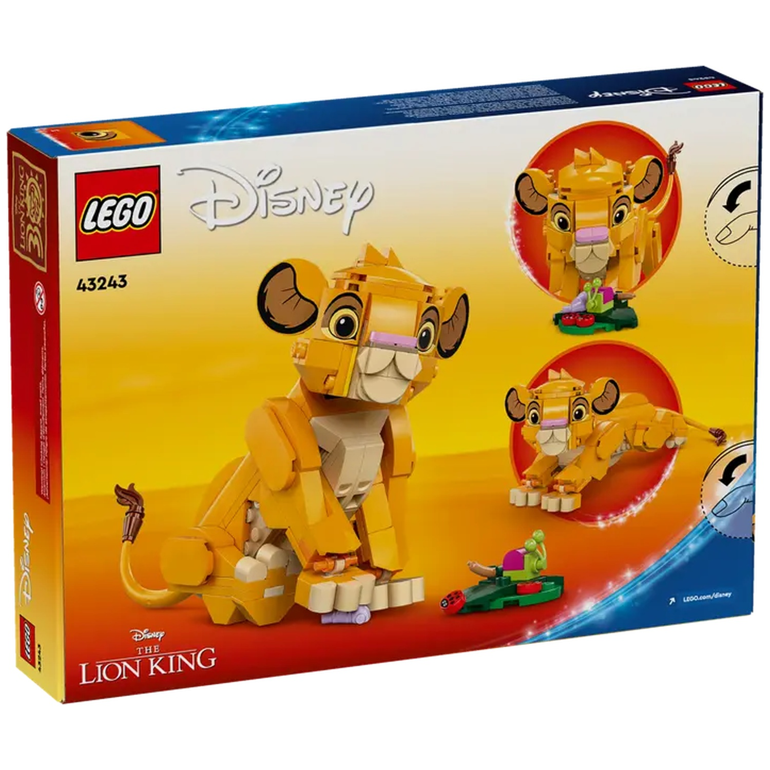 Boîte Lego Disney Le Roi Lion. Comprend un modèle Lego Simba, des détails sur le produit et les logos Disney et Lego.