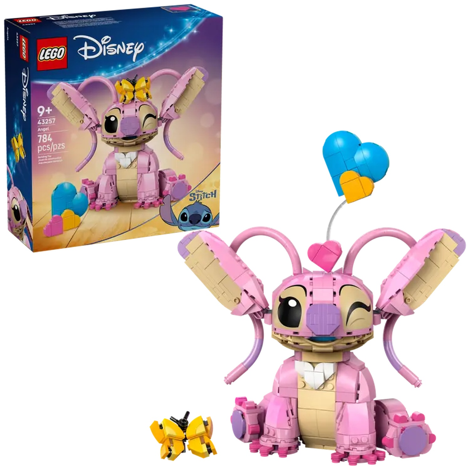 Een Lego Angel-personage, roze en beige, met hartvormige ballonnen en een vlinder. Een doos toont het personage en Stitch.