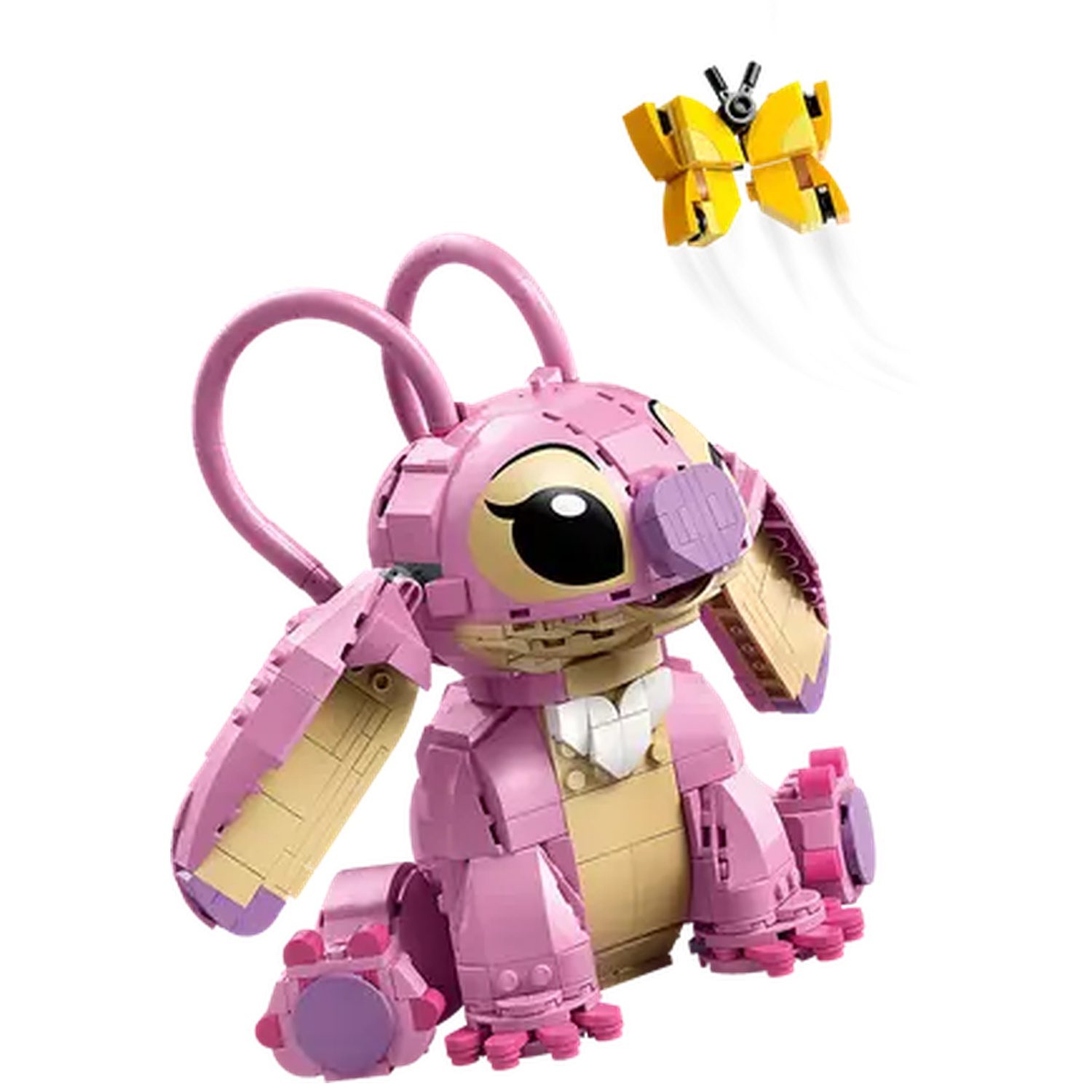 Een roze Lego figuur van een konijnachtig wezen met grote oren en een gele vlinder erboven.