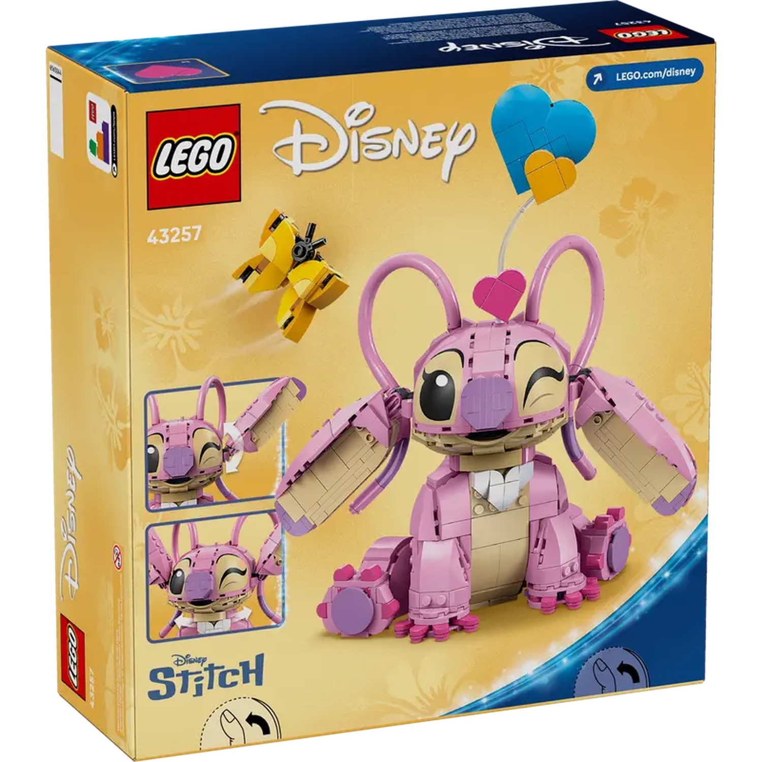 Een Lego Disney Stitch set doos. Het toont een roze Stitch-figuur, een gele vlinder en hartvormige ballonnen. De doos heeft Disney- en Lego-logo's.