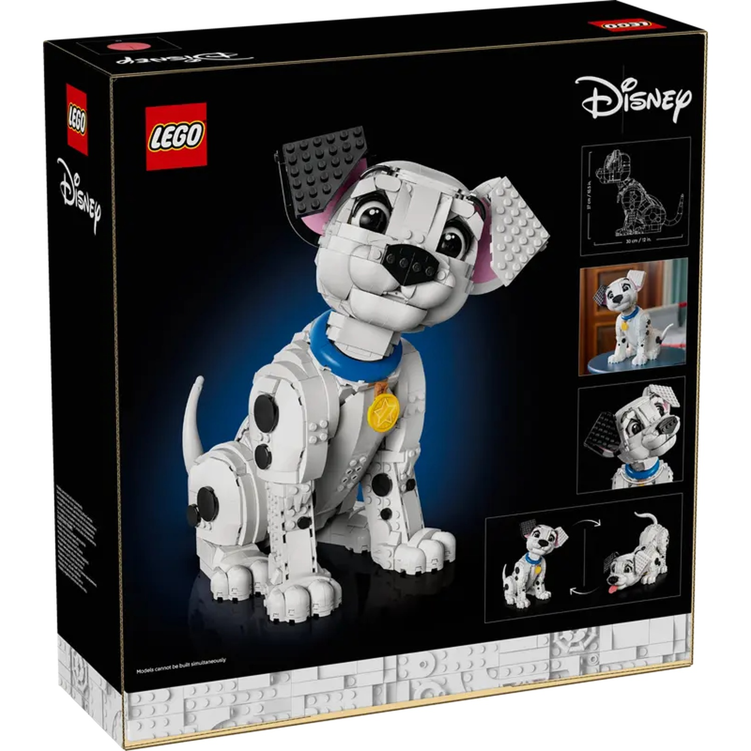 Box art van een Lego Dalmatische hond. De hond is wit met zwarte vlekken, draagt een blauwe halsband en een gouden label. Lego- en Disney-logo's zijn zichtbaar.