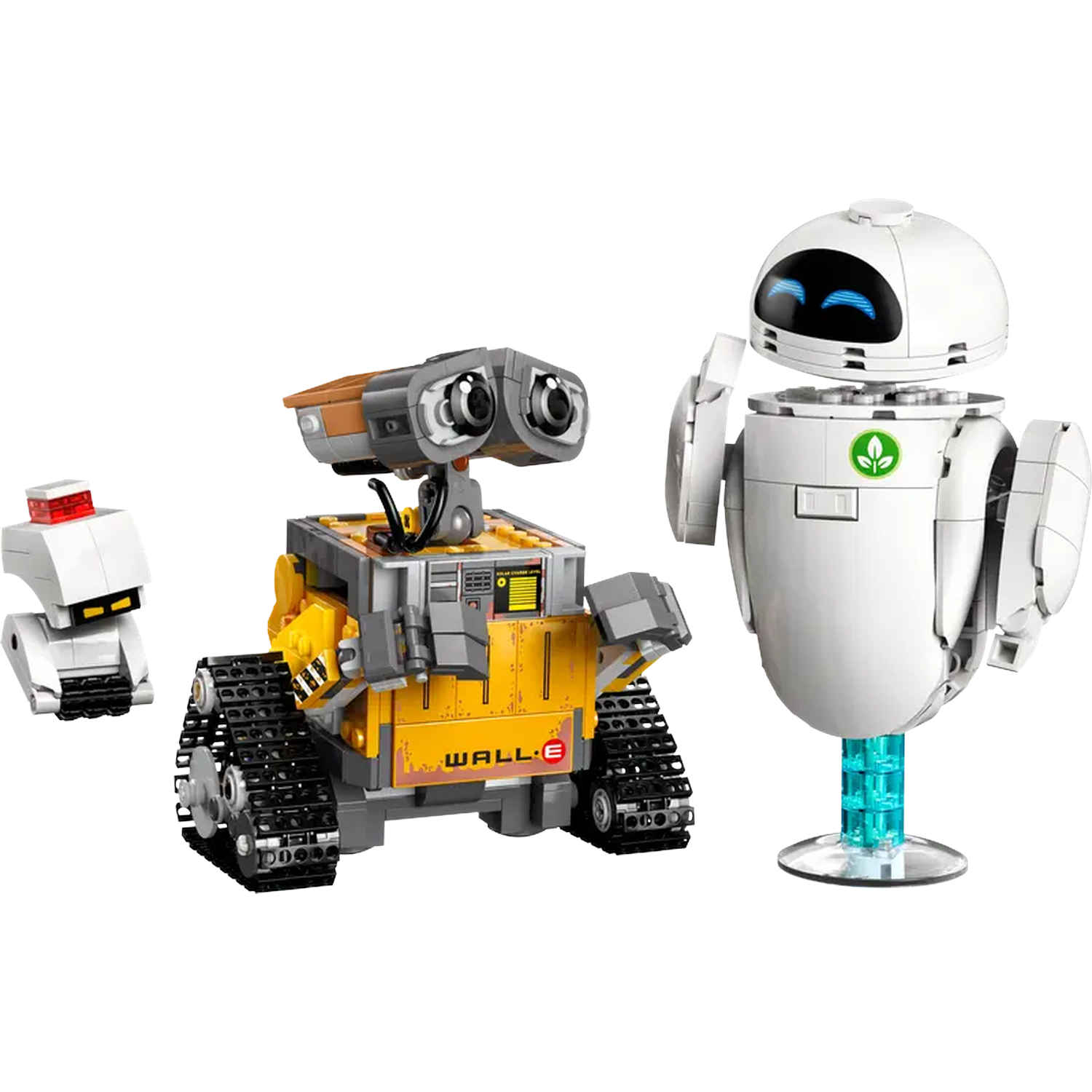 Trois figurines de robots du film Wall-E : Wall-E, Eve et un petit robot blanc.