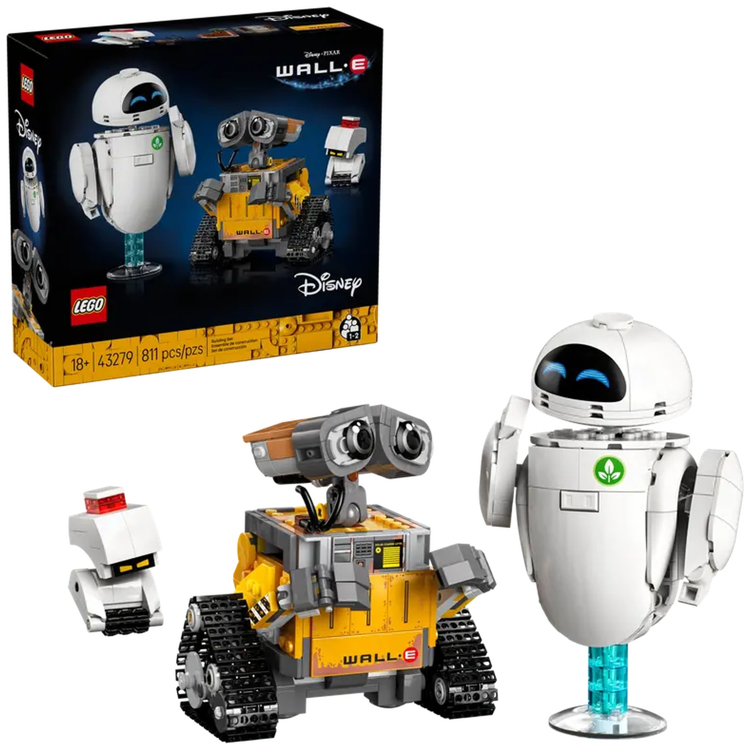L'image montre un set LEGO Wall-E avec la boîte et les modèles. Wall-E et Eve sont dans le set. Il y a 811 pièces.