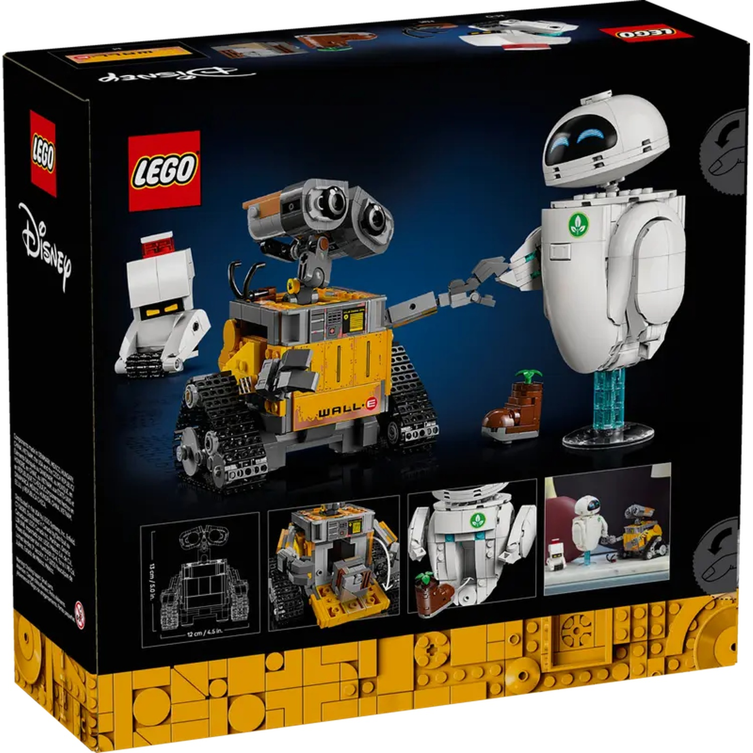 Boîte LEGO avec WALL-E, EVE et un petit robot. La boîte a un fond noir avec des accents jaunes et les logos LEGO et Disney.