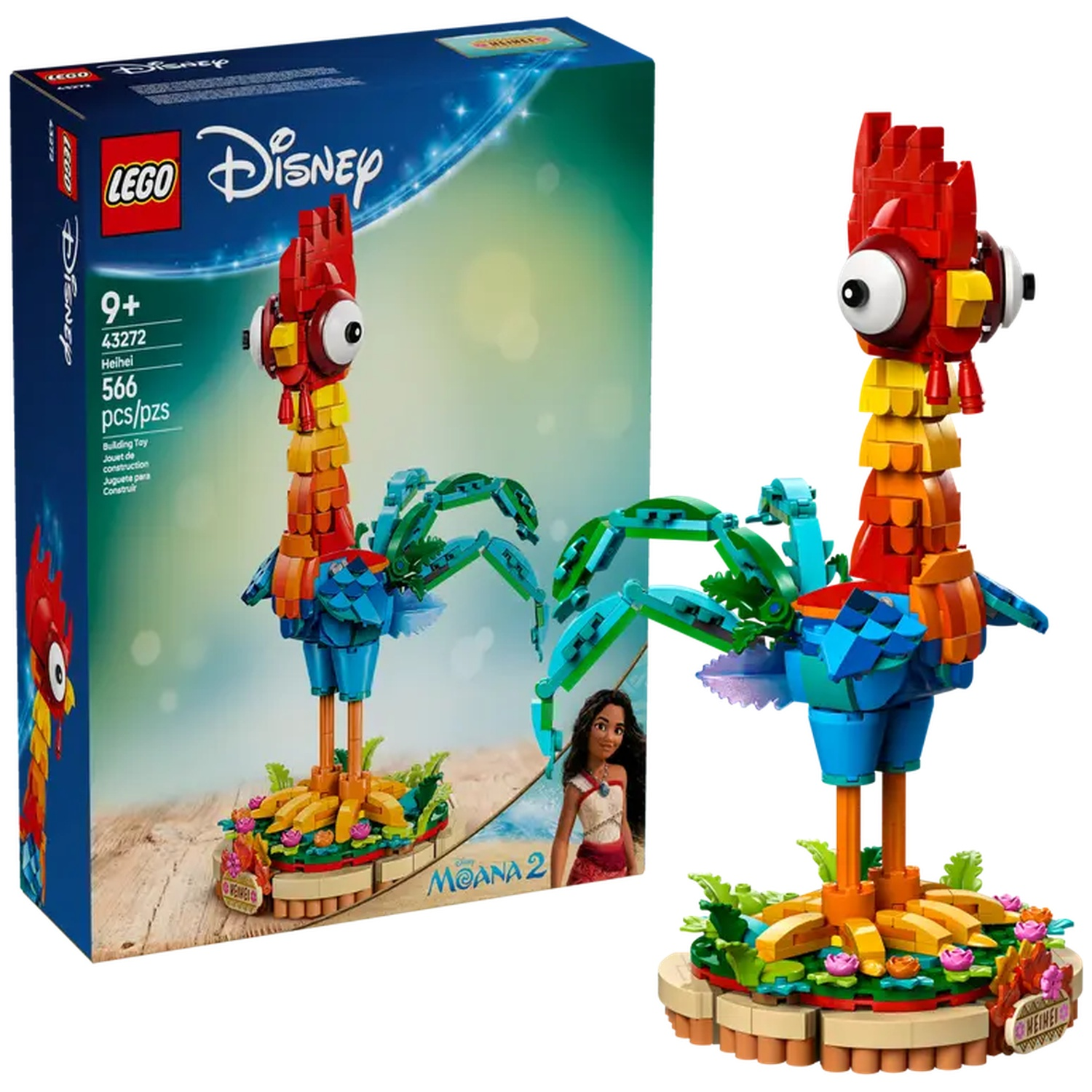 A Lego set of Heihei, a rooster from Moana 2. It has a red comb, yellow and orange body, blue legs, and sits on a circular base.