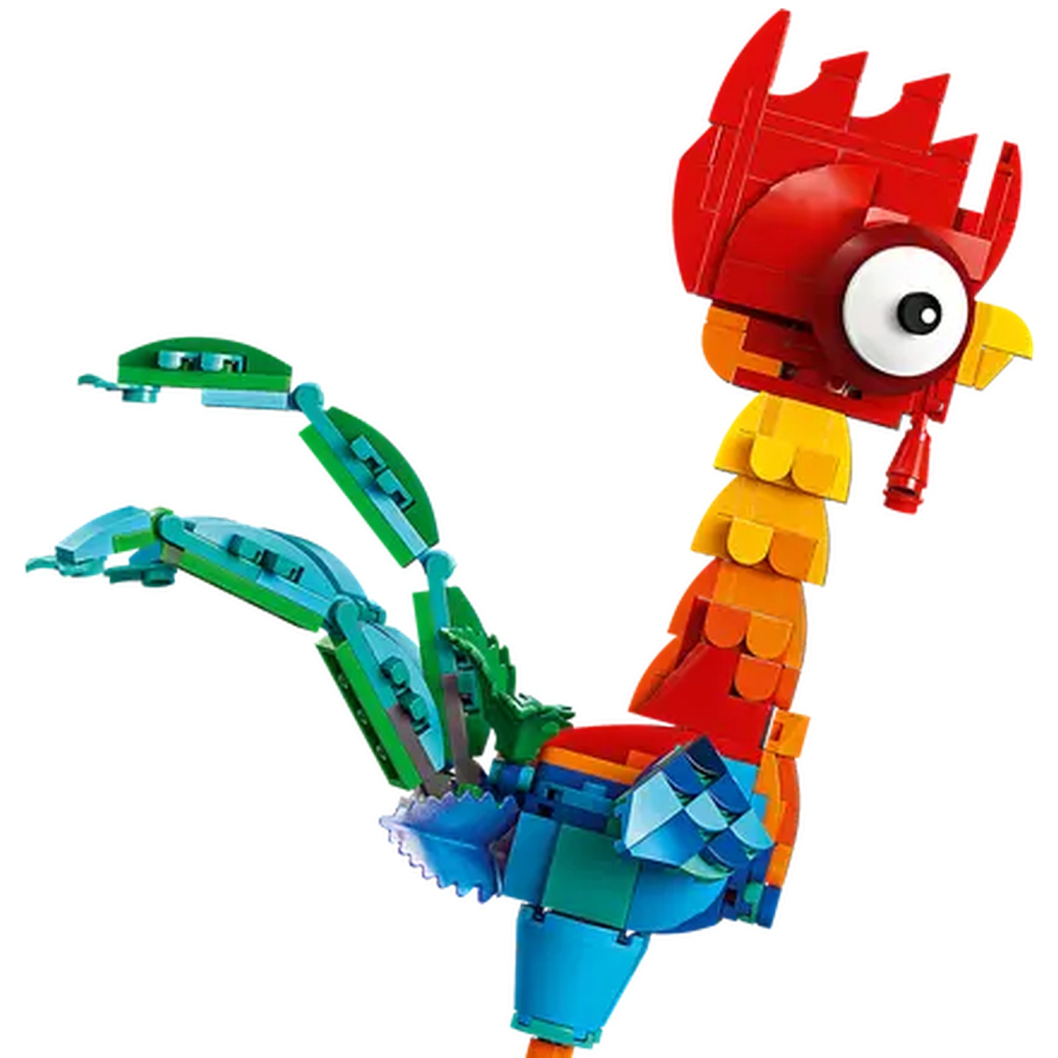 A colorful rooster made of toy blocks. It has a red comb, yellow neck, blue body, and green tail. The eye is large and white.