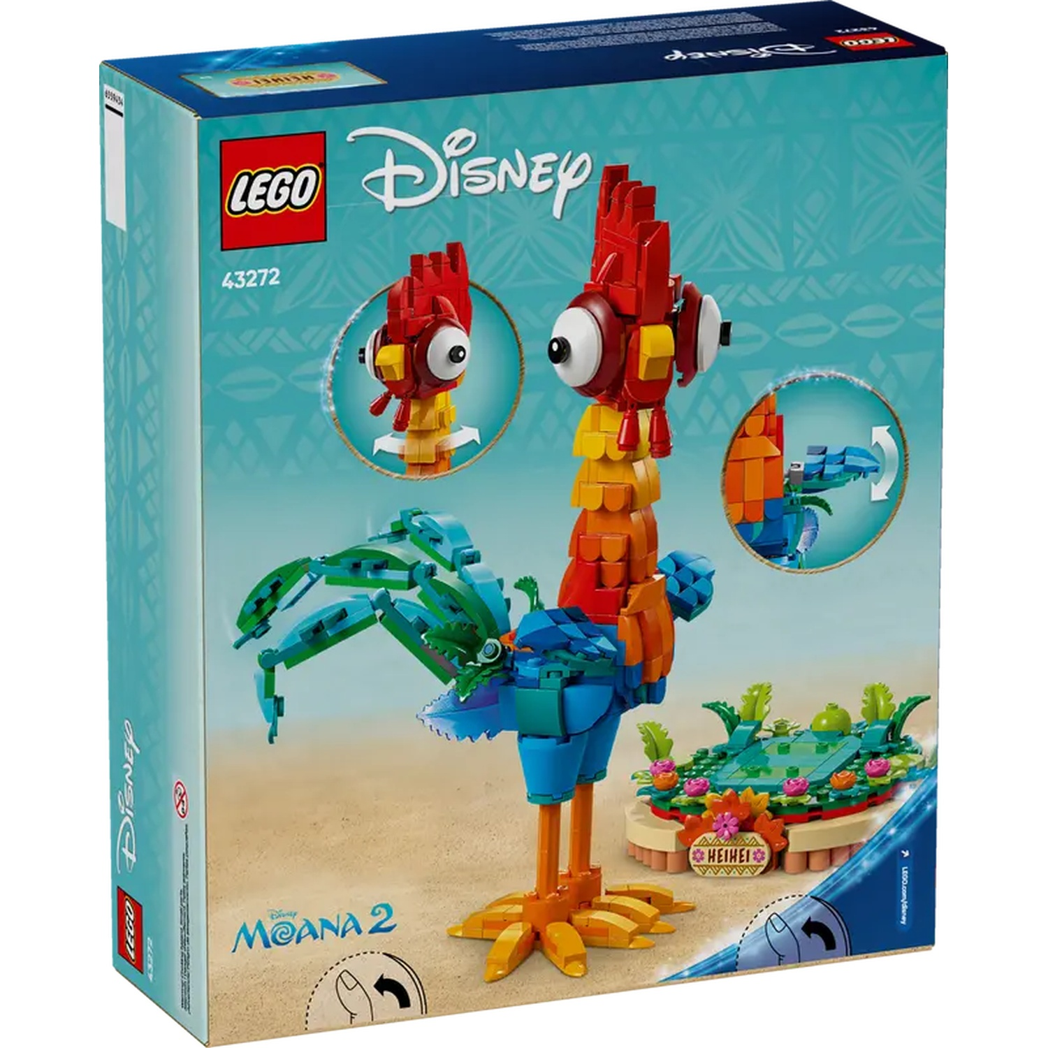 Lego Disney Moana 2 set, Hei Hei figure made of blocks, red, yellow, and blue colors, with a small stage and flowers.