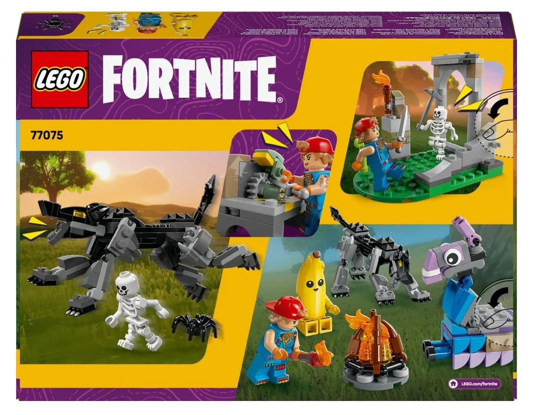Grafika na pudełku Lego Fortnite przedstawia minifigurki, potwory i banana. Istnieje kilka mini-scen z postaciami i stworzeniami.