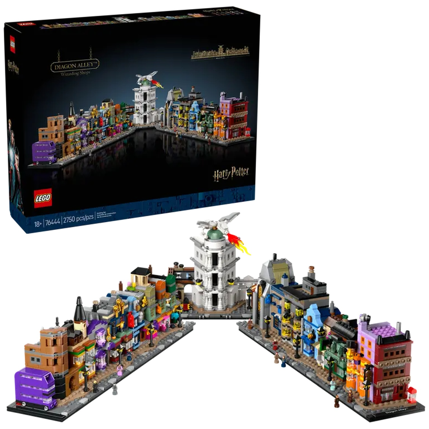 A Lego set depicting Diagon Alley from Harry Potter. It features colorful buildings, a purple bus, and a white building in the center.