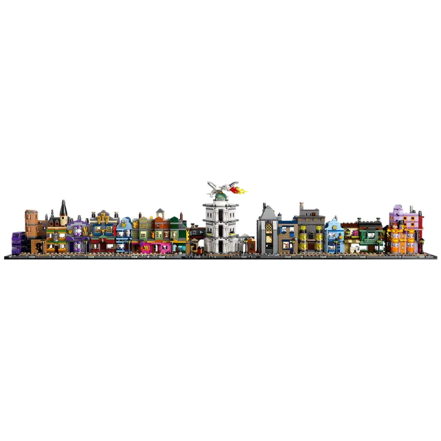 A Lego set depicting a colorful city street. Buildings of various colors and designs are arranged closely together, with a white background.
