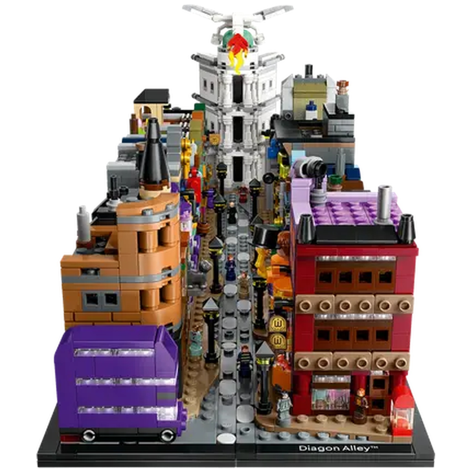 A Lego model of Diagon Alley. It includes buildings of different colors, a purple bus, and street lamps.